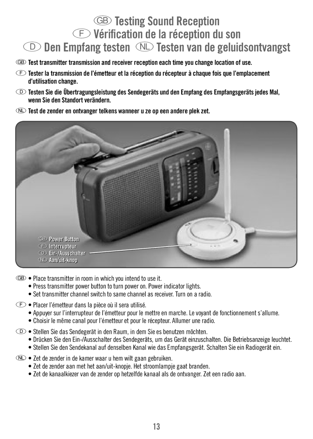 Fisher-Price M7933 manual Testing Sound Reception Vériﬁ cation de la réception du son 