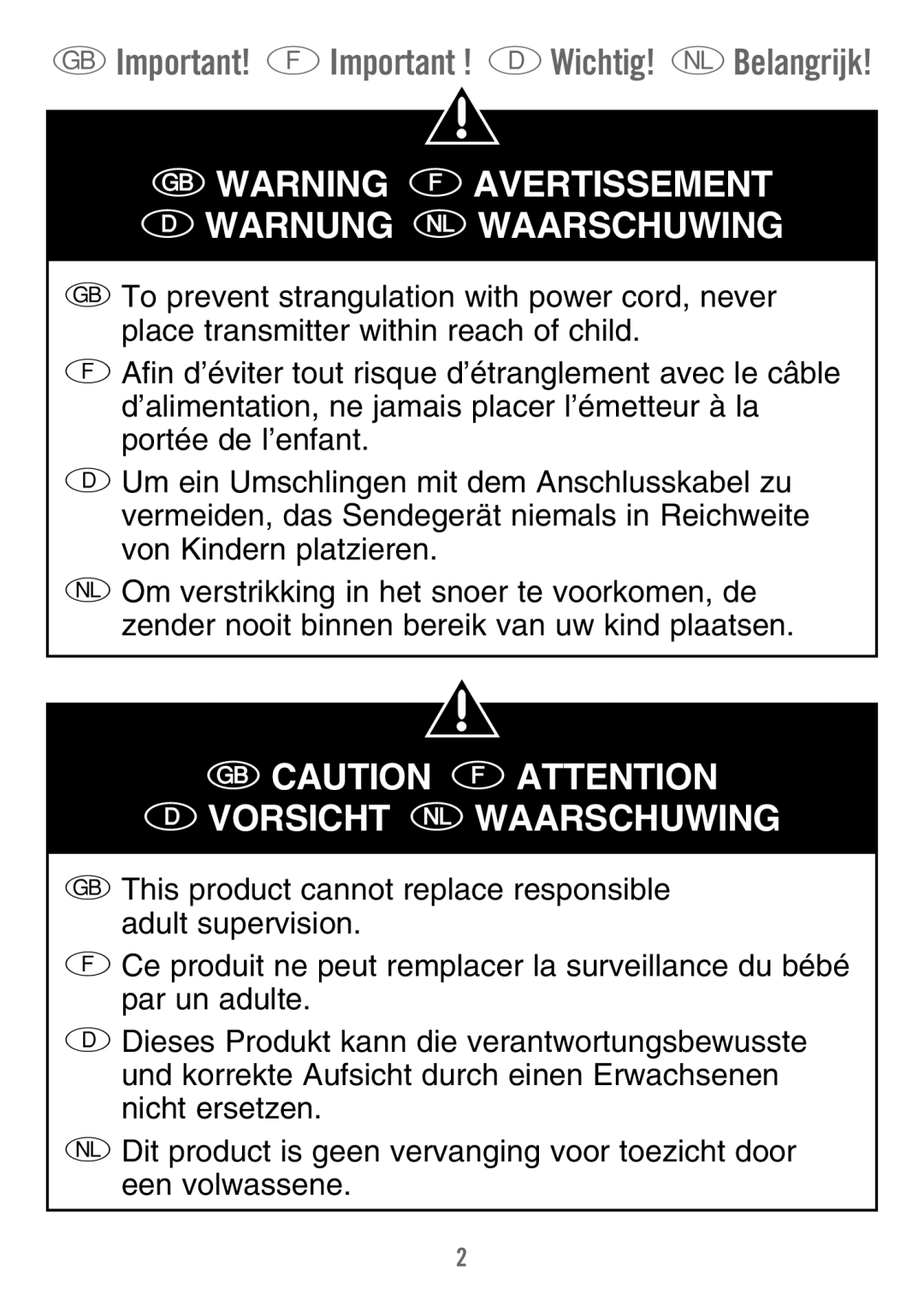 Fisher-Price M7933 manual Important! F Important ! D Wichtig! N Belangrijk, Gwarning Favertissement Dwarnung Nwaarschuwing 