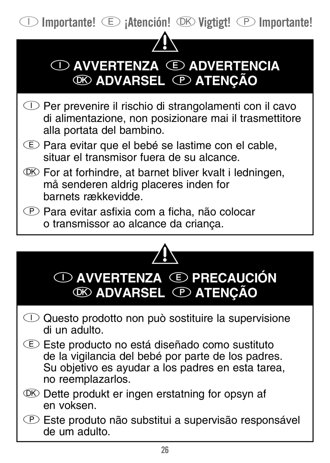 Fisher-Price M7933 manual Importante! E ¡Atención! K Vigtigt! P Importante, Iavvertenza Eadvertencia Kadvarsel Patenção 