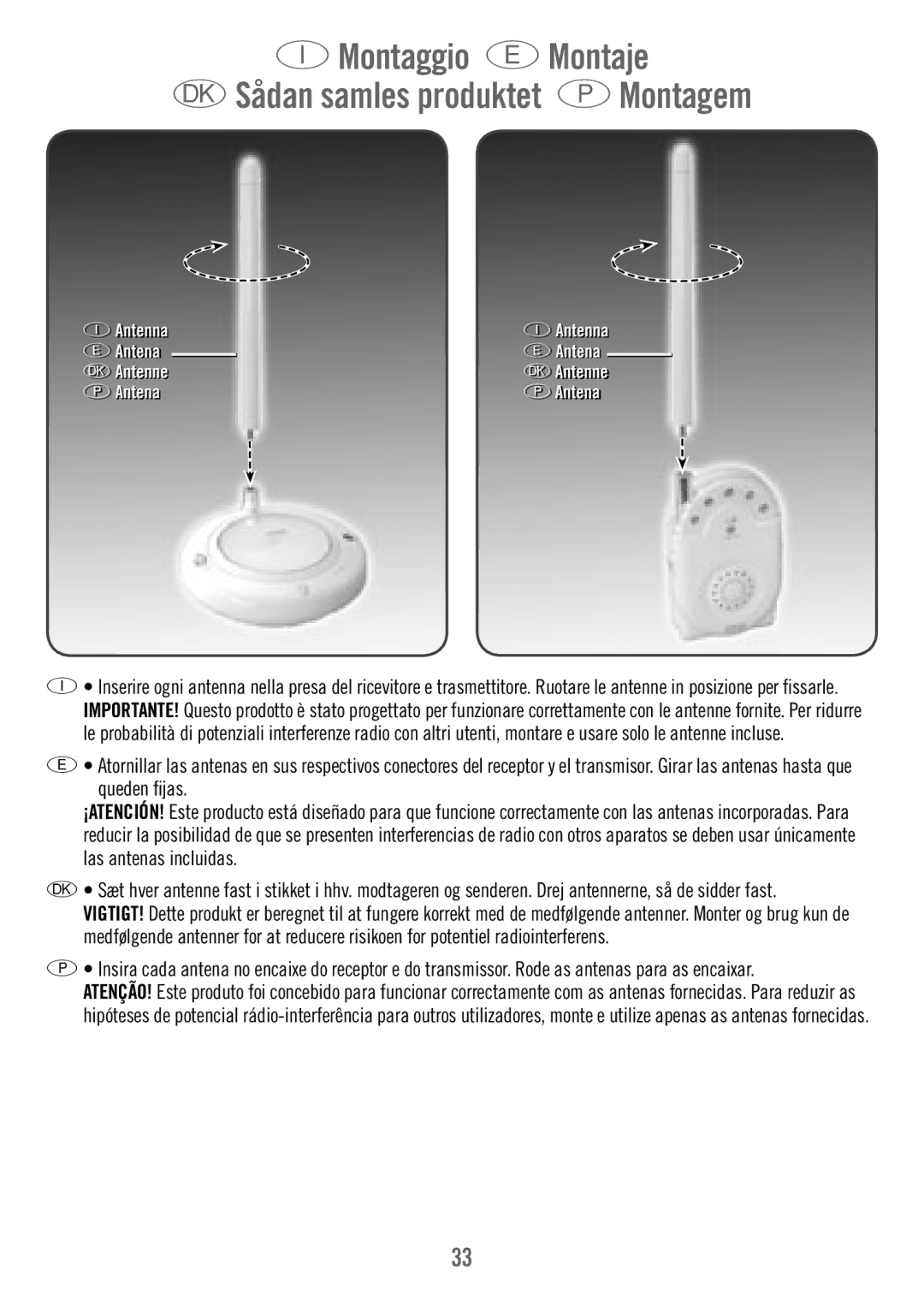 Fisher-Price M7933 manual Montaggio E Montaje Sådan samles produktet P Montagem, Antenna t Antena t Antenne t 