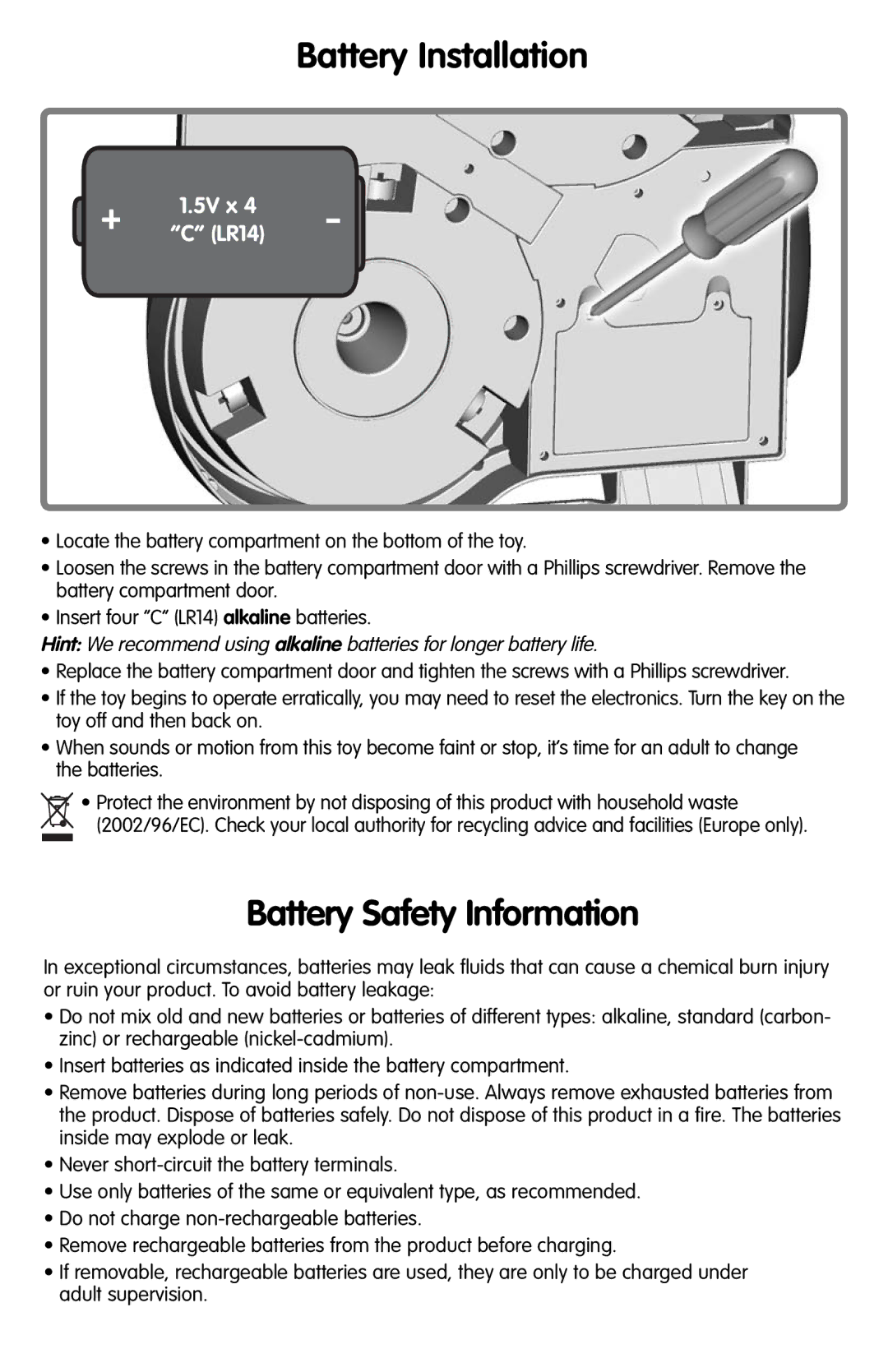 Fisher-Price M7948 instruction sheet Battery Installation, Battery Safety Information 