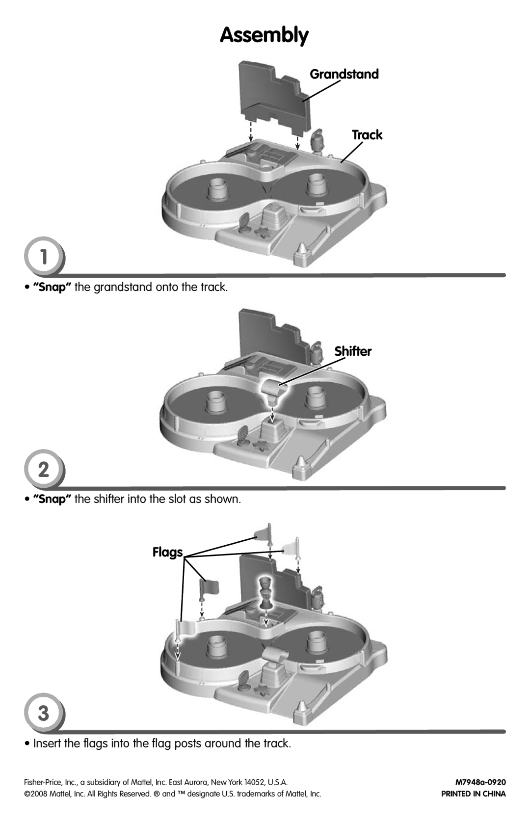 Fisher-Price M7948 instruction sheet Assembly, Insert the flags into the flag posts around the track 