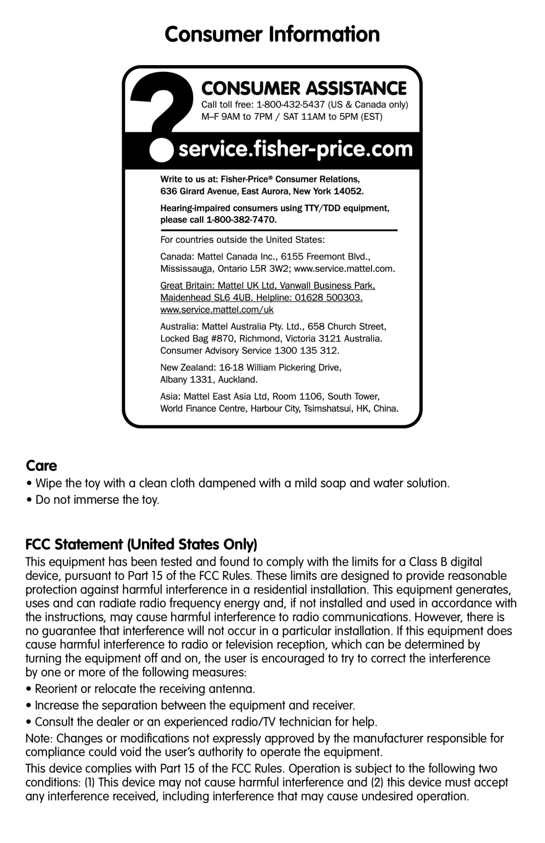 Fisher-Price M7948 instruction sheet Consumer Information, Care 