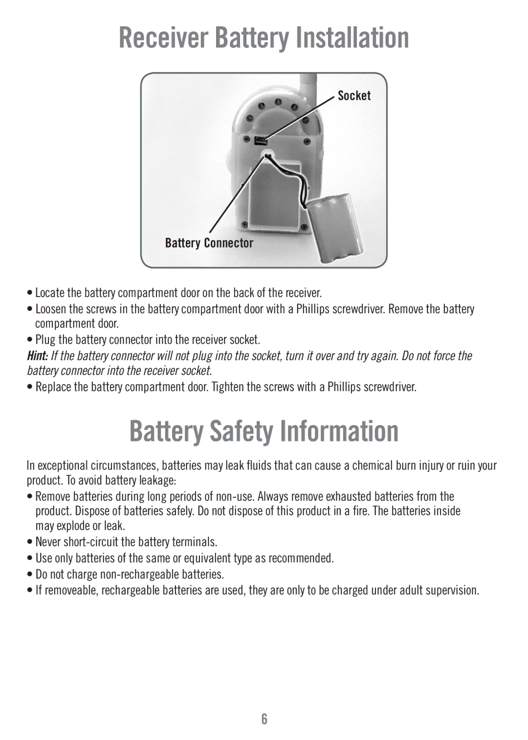 Fisher-Price M7949 manual Receiver Battery Installation, Battery Safety Information 