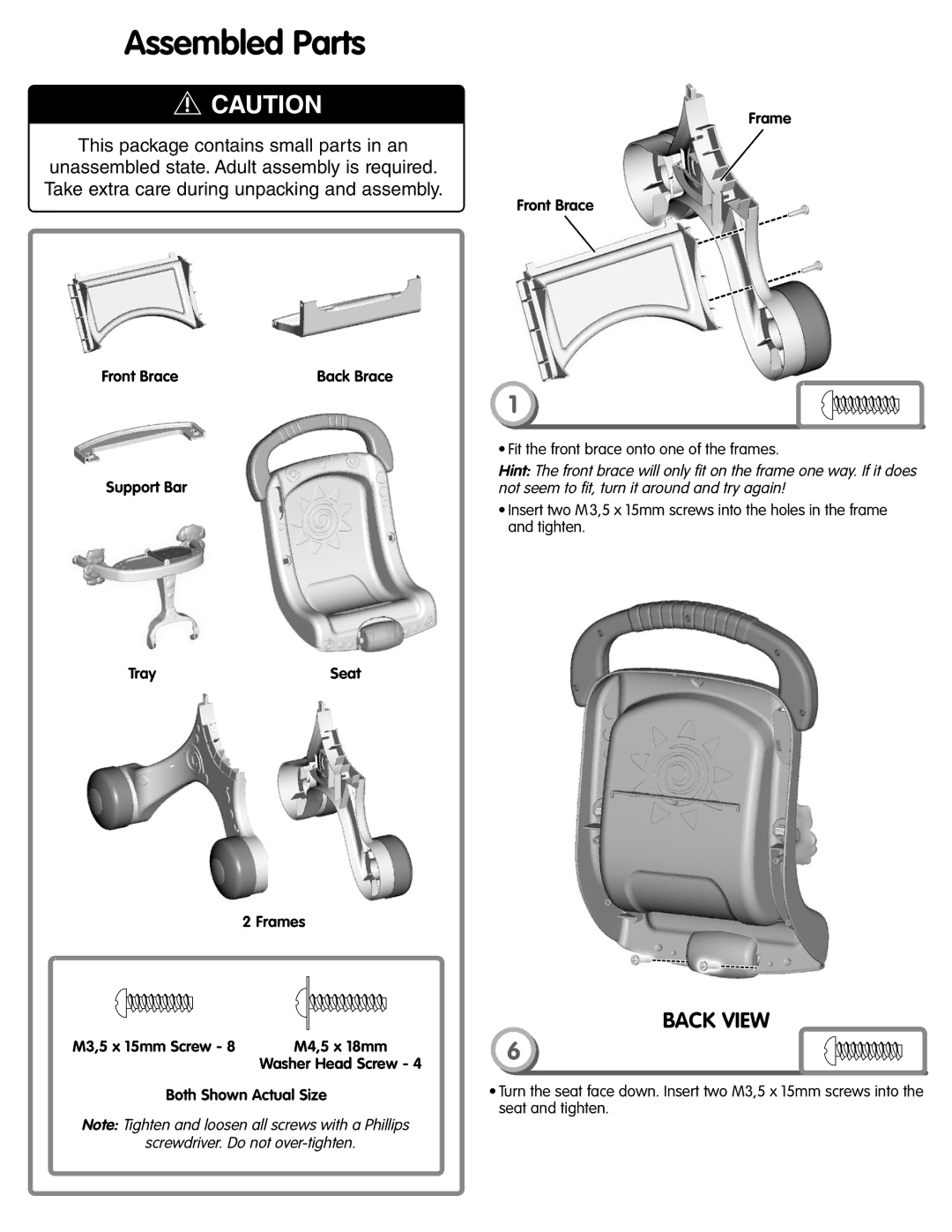 Fisher-Price M9523 manual Assembled Parts, Frame Front Brace, Support Bar TraySeat Frames 