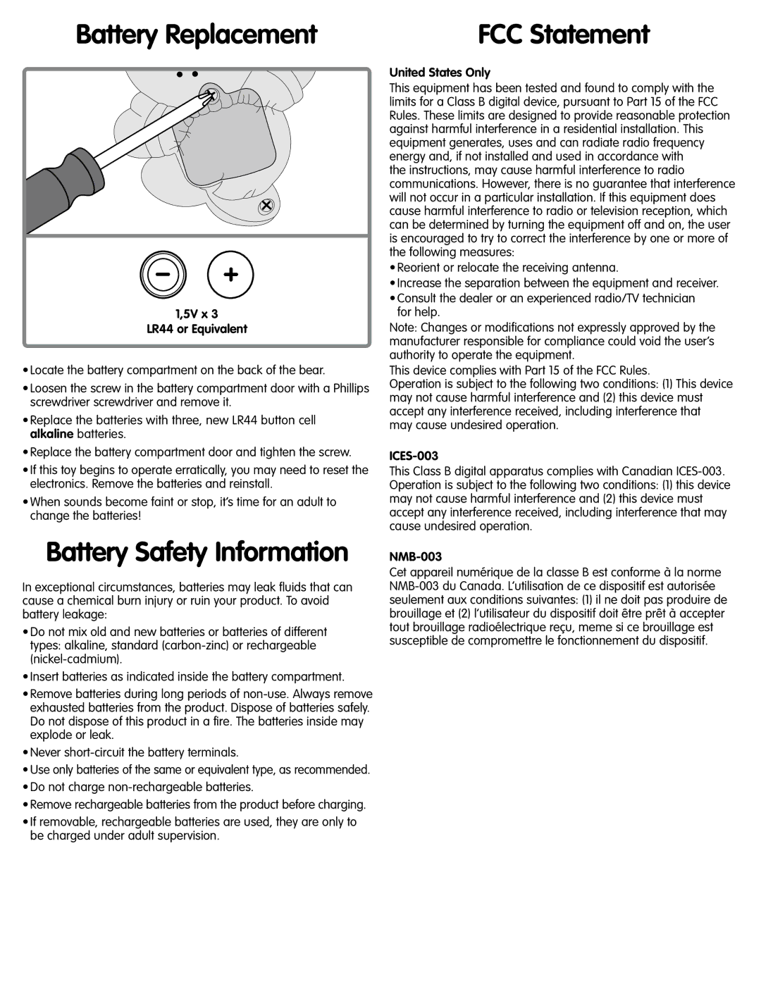 Fisher-Price M9523 manual Battery Replacement, Battery Safety Information, FCC Statement 