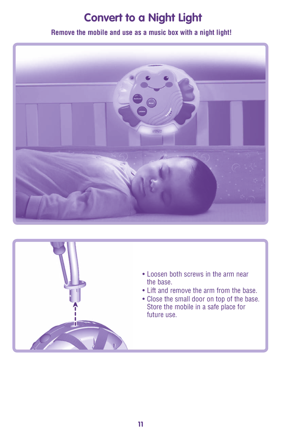 Fisher-Price M9970 instruction sheet Convert to a Night Light, Remove the mobile and use as a music box with a night light 