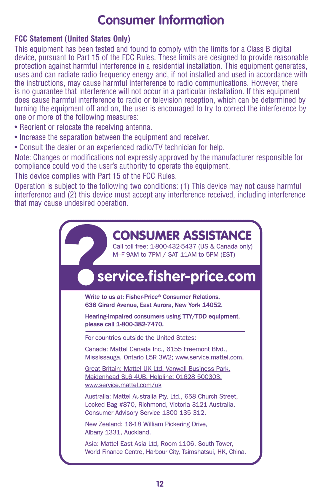 Fisher-Price M9970 instruction sheet Consumer Information, FCC Statement United States Only 