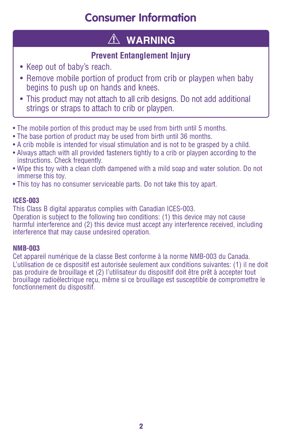 Fisher-Price M9970 instruction sheet Consumer Information, ICES-003, NMB-003 