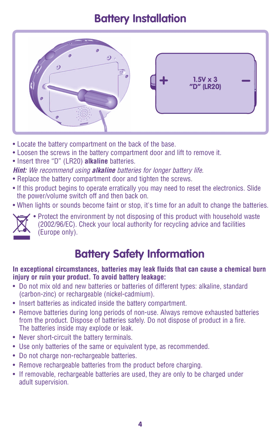 Fisher-Price M9970 instruction sheet Battery Installation, Battery Safety Information, 5V x LR20 