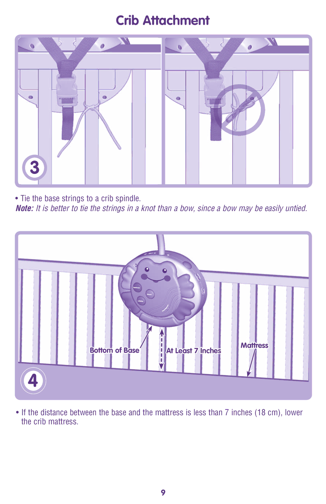 Fisher-Price M9970 instruction sheet Tie the base strings to a crib spindle 