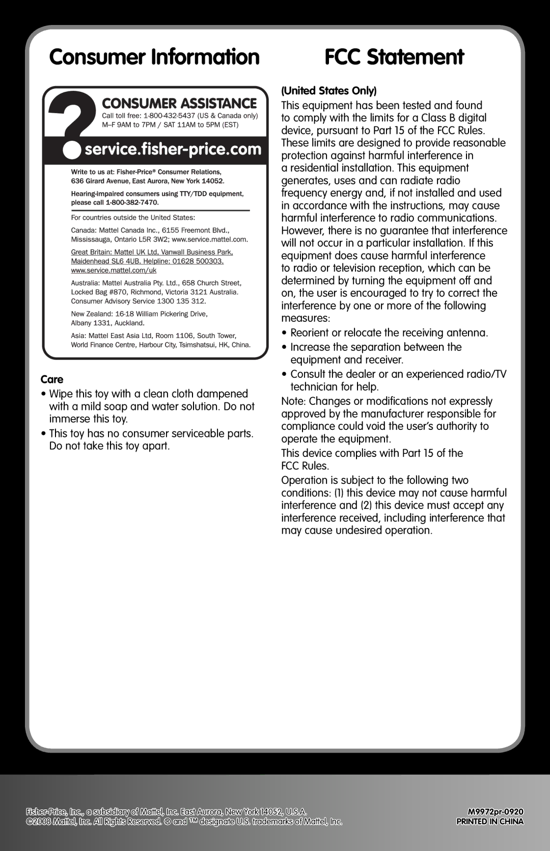 Fisher-Price M9972 instruction sheet Consumer Information, FCC Statement, Care, United States Only 