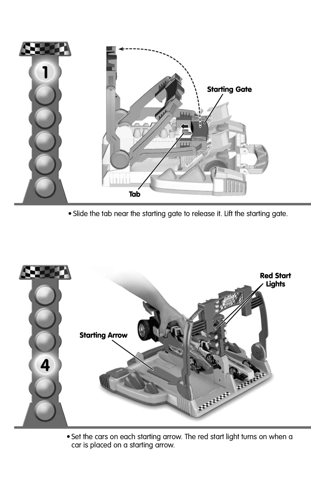 Fisher-Price N0246 instruction sheet Starting Gate Tab, Red Start Lights Starting Arrow 