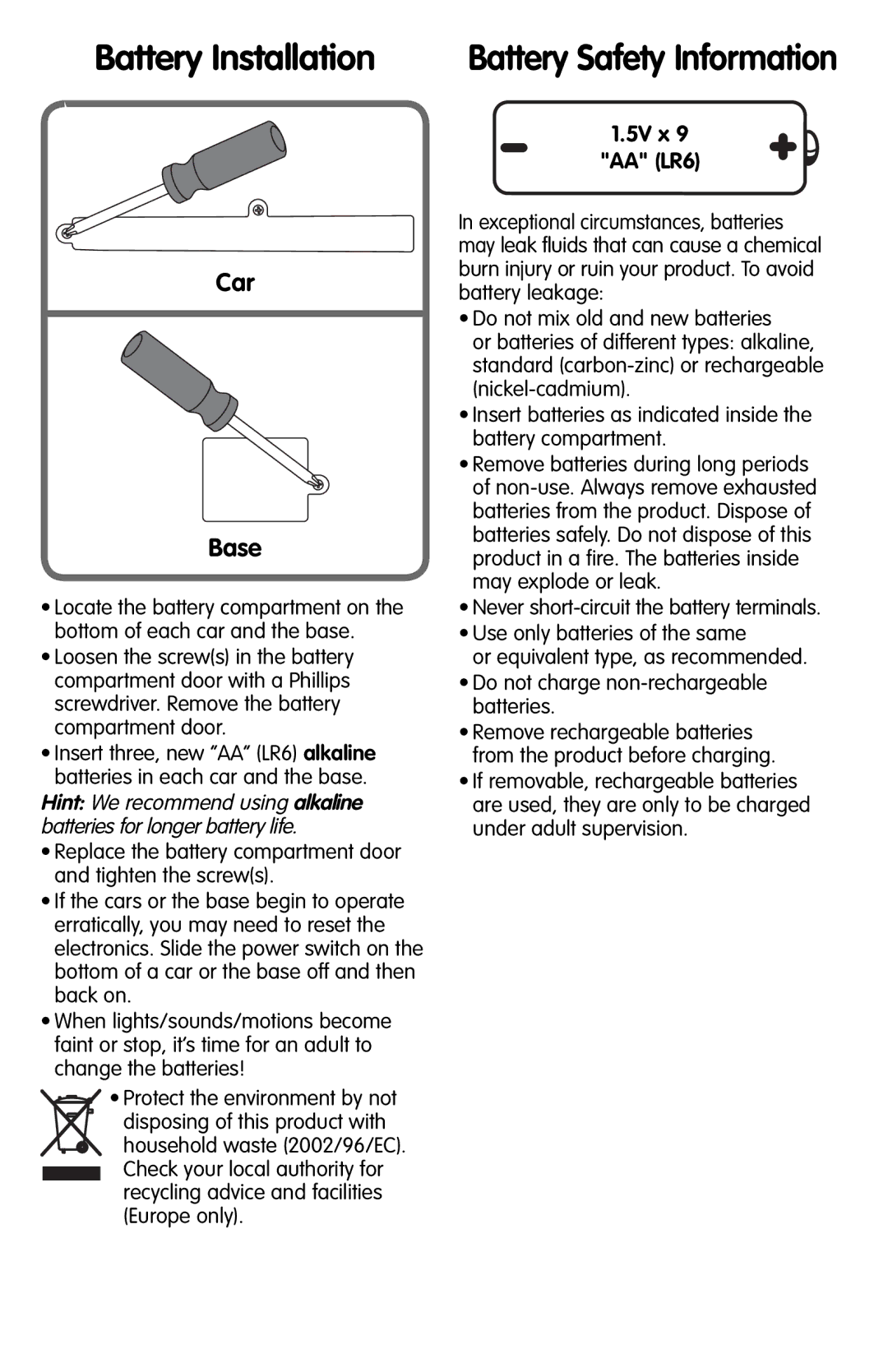 Fisher-Price N0246 instruction sheet Battery Installation, 5V x AA LR6 