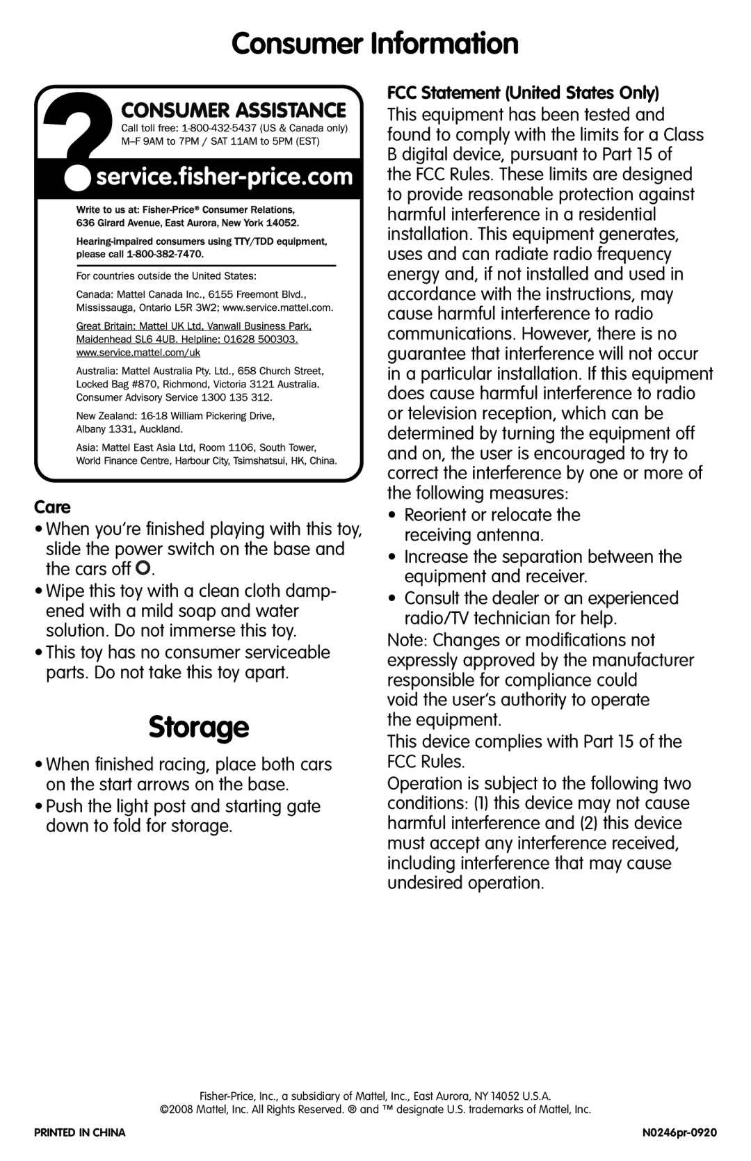 Fisher-Price N0246 instruction sheet Consumer Information, Storage, Care, FCC Statement United States Only 