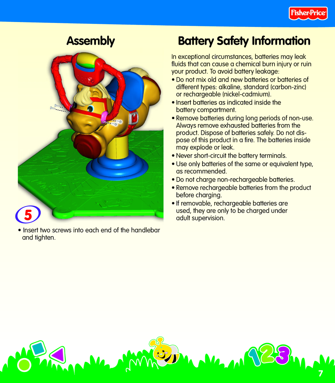 Fisher-Price N0446 manual Battery Safety Information 