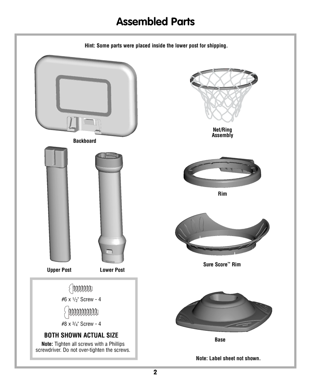 Fisher-Price N0459 instruction sheet Assembled Parts, Net/Ring Assembly Rim Sure Score Rim Base 