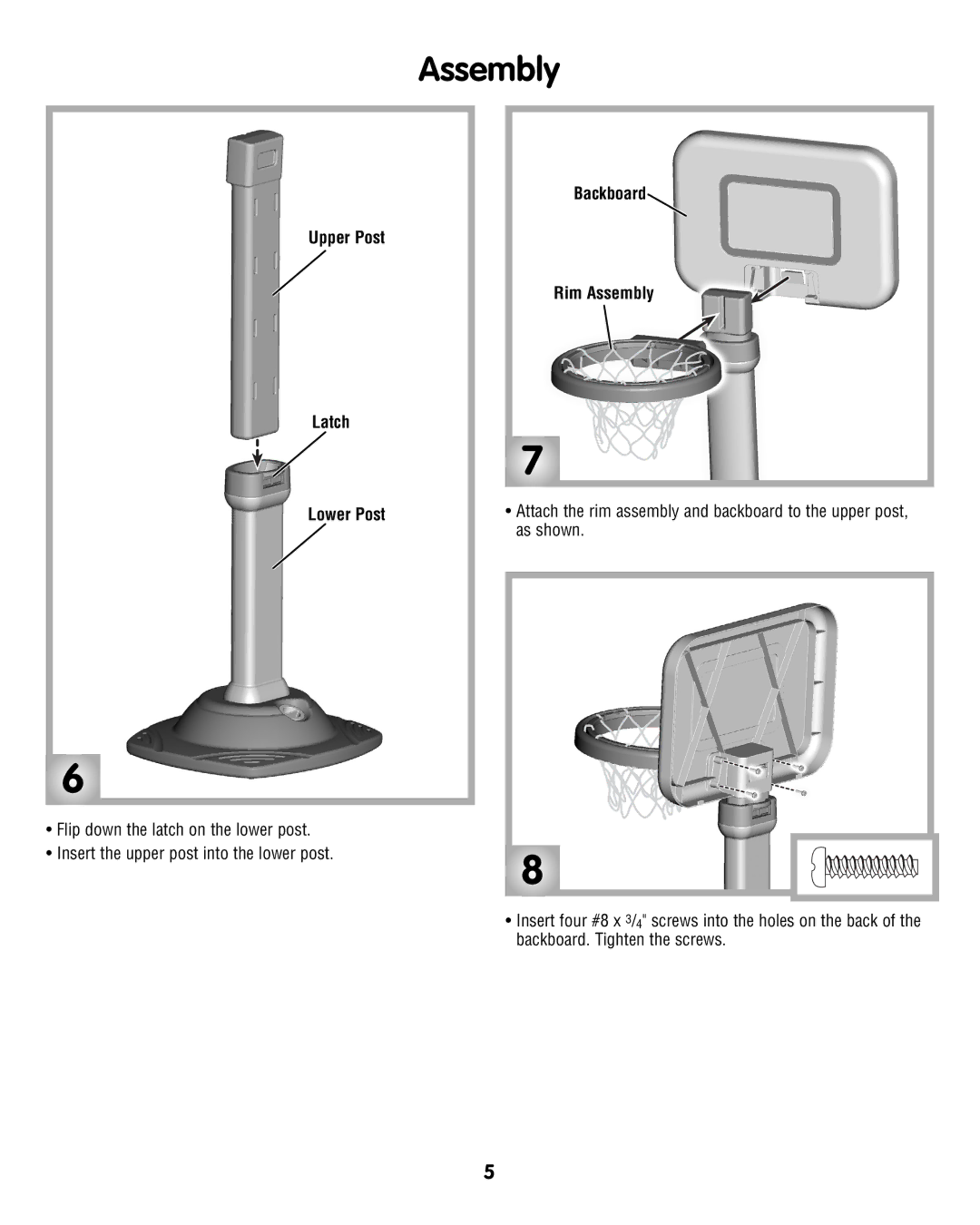 Fisher-Price N0459 instruction sheet Upper Post Latch Lower Post, Backboard Rim Assembly 