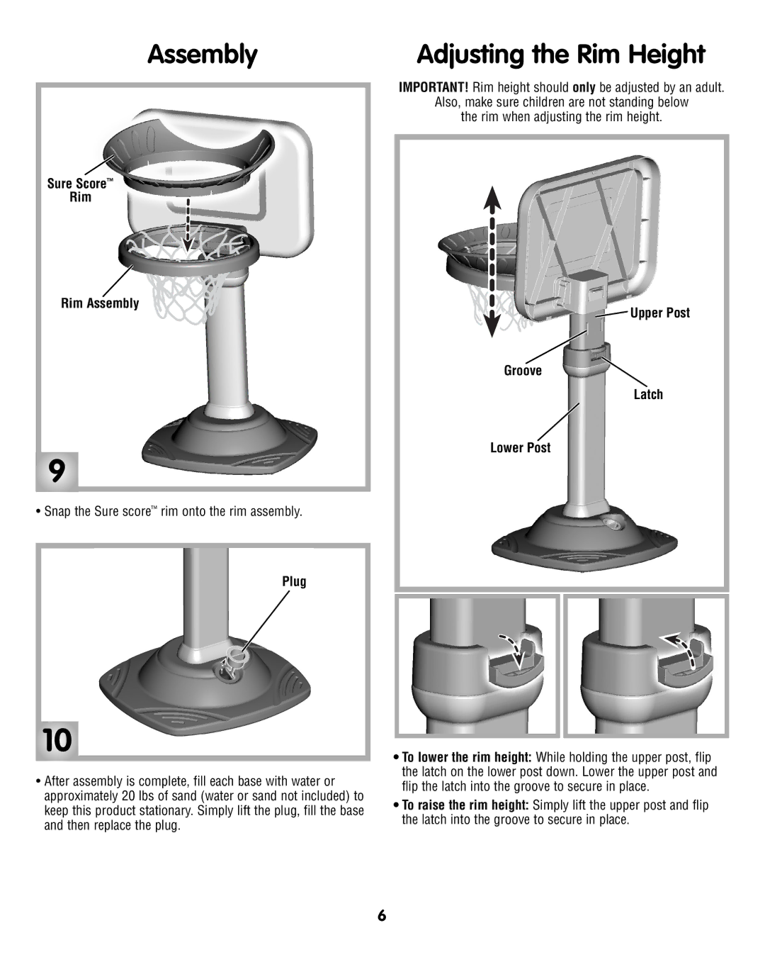 Fisher-Price N0459 Adjusting the Rim Height, Sure Score Rim Rim Assembly, Plug, Upper Post Groove Latch Lower Post 