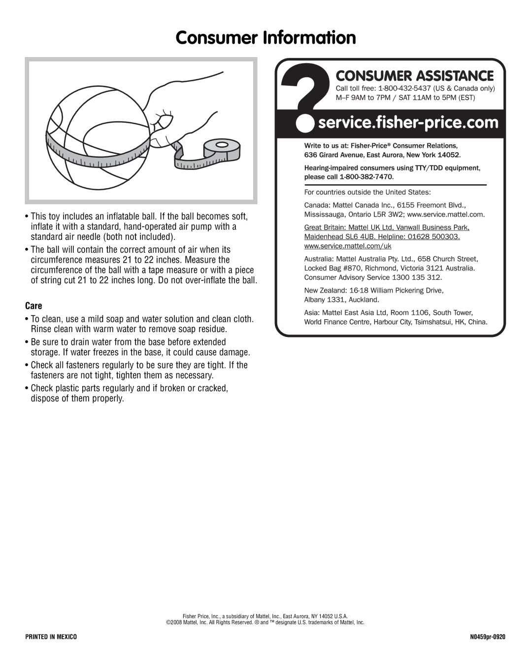 Fisher-Price N0459 instruction sheet Consumer Information, Care 