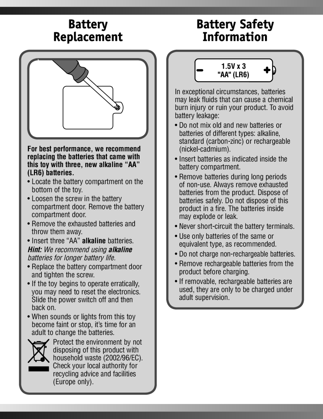 Fisher-Price N0764 manual Battery Replacement, Battery Safety Information, 5V x AA LR6 