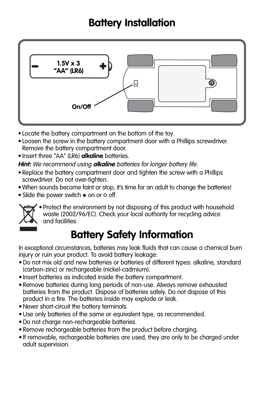 Fisher-Price N0803 instruction sheet Battery Installation, Battery Safety Information, 5V x AA LR6 On/Off 