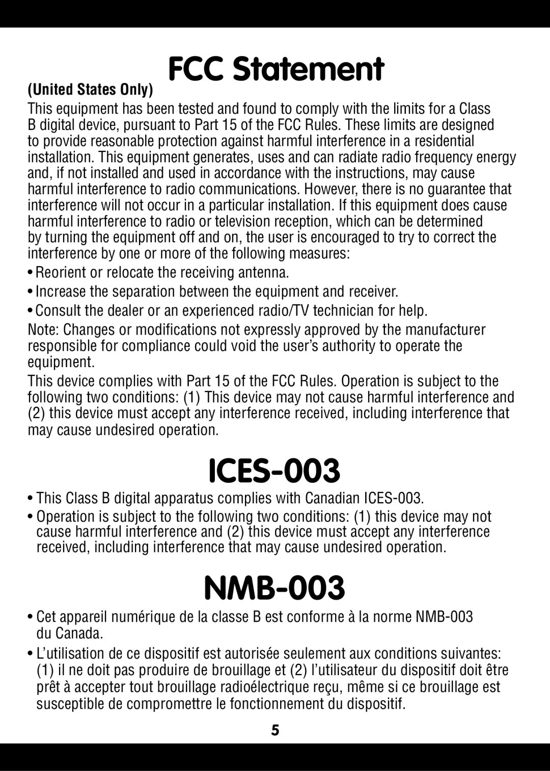 Fisher-Price N102 / Z83 manual FCC Statement, ICES-003, NMB-003, United States Only 