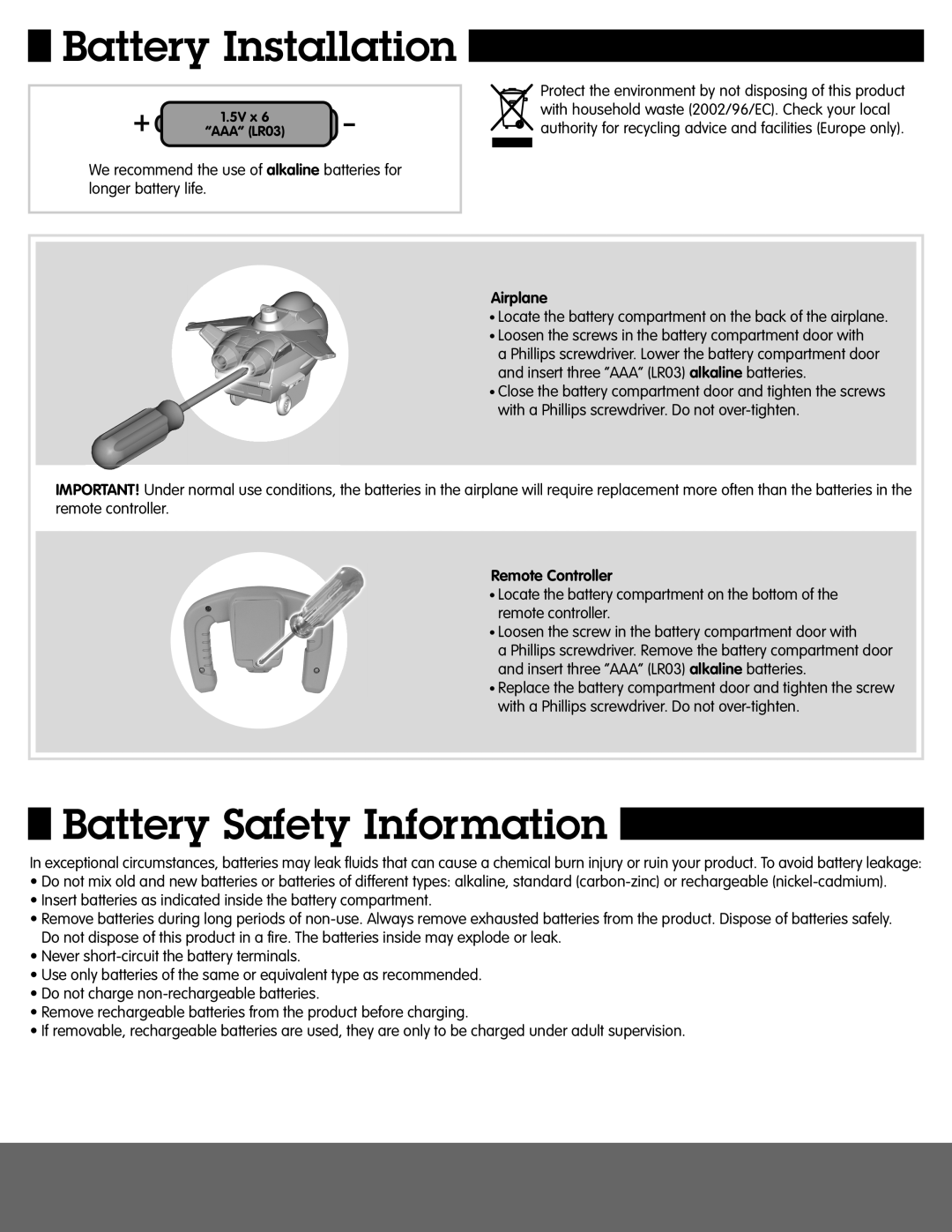 Fisher-Price N1251 instruction sheet Battery Installation, Battery Safety Information, Airplane, Remote Controller 