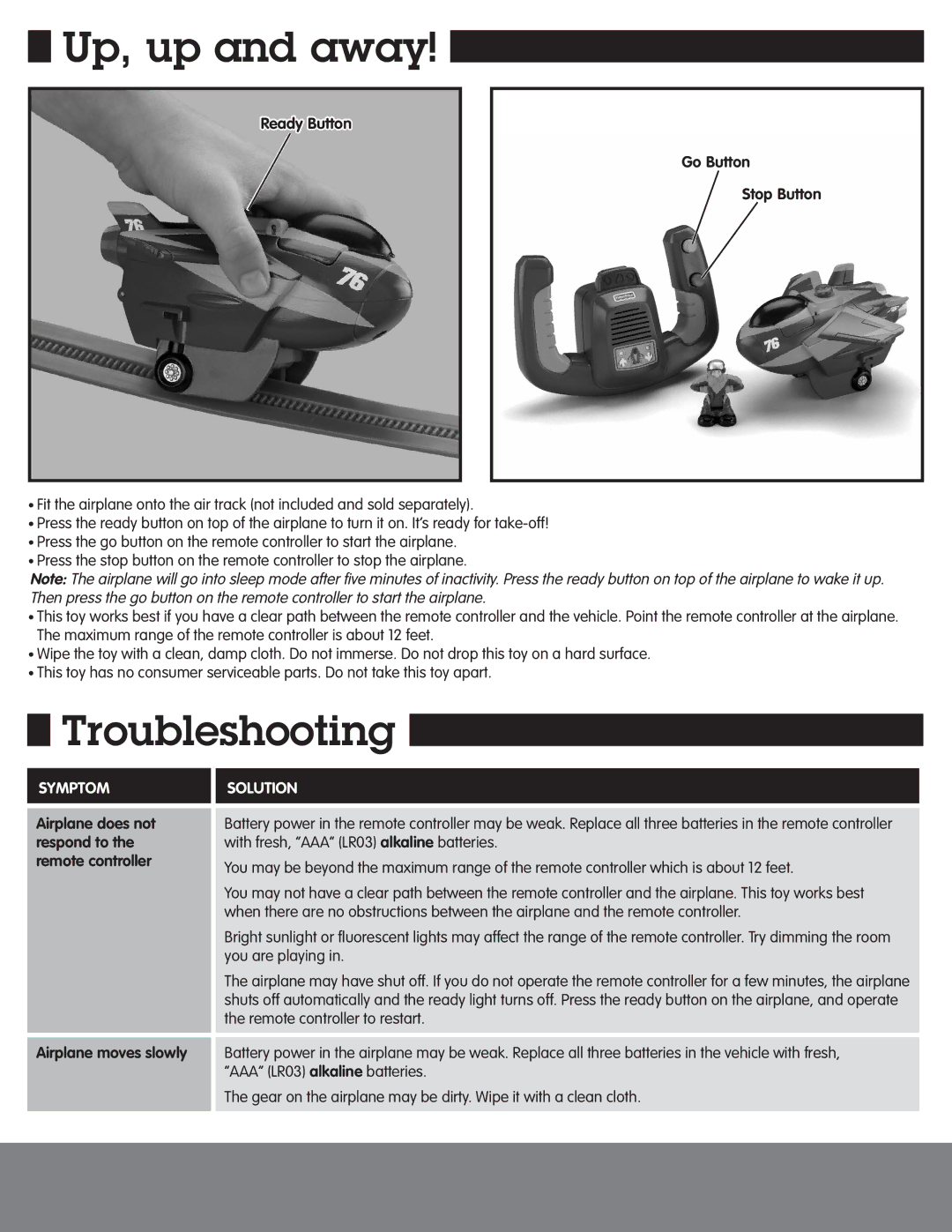 Fisher-Price N1251 instruction sheet Up, up and away, Troubleshooting 