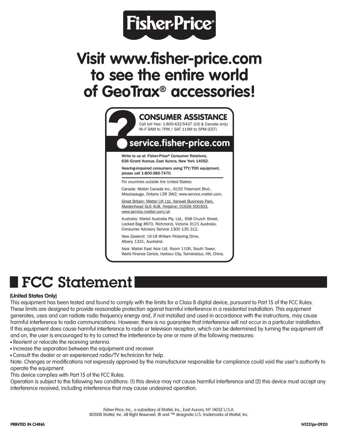 Fisher-Price N1251 instruction sheet FCC Statement, United States Only 