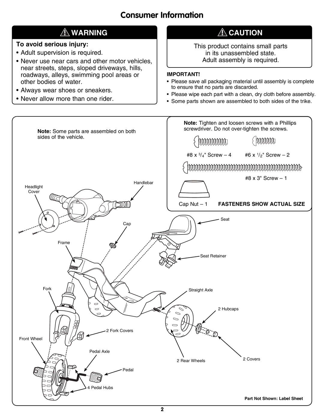 Fisher-Price N1366 instruction sheet Consumer Information, Cap Nut 1 Fasteners Show Actual Size 