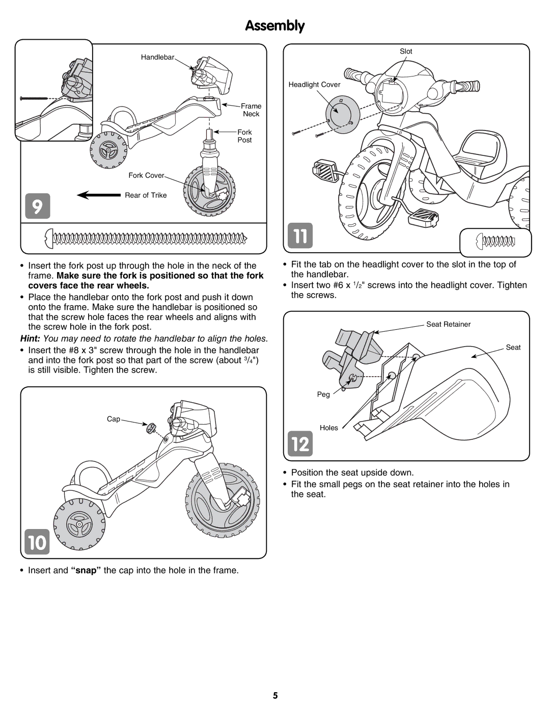 Fisher-Price N1366 instruction sheet Hint You may need to rotate the handlebar to align the holes 