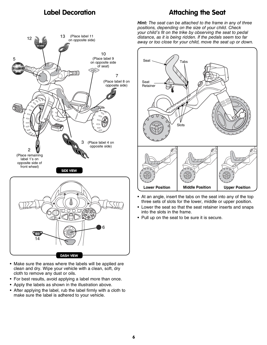 Fisher-Price N1366 instruction sheet Label Decoration, Attaching the Seat 