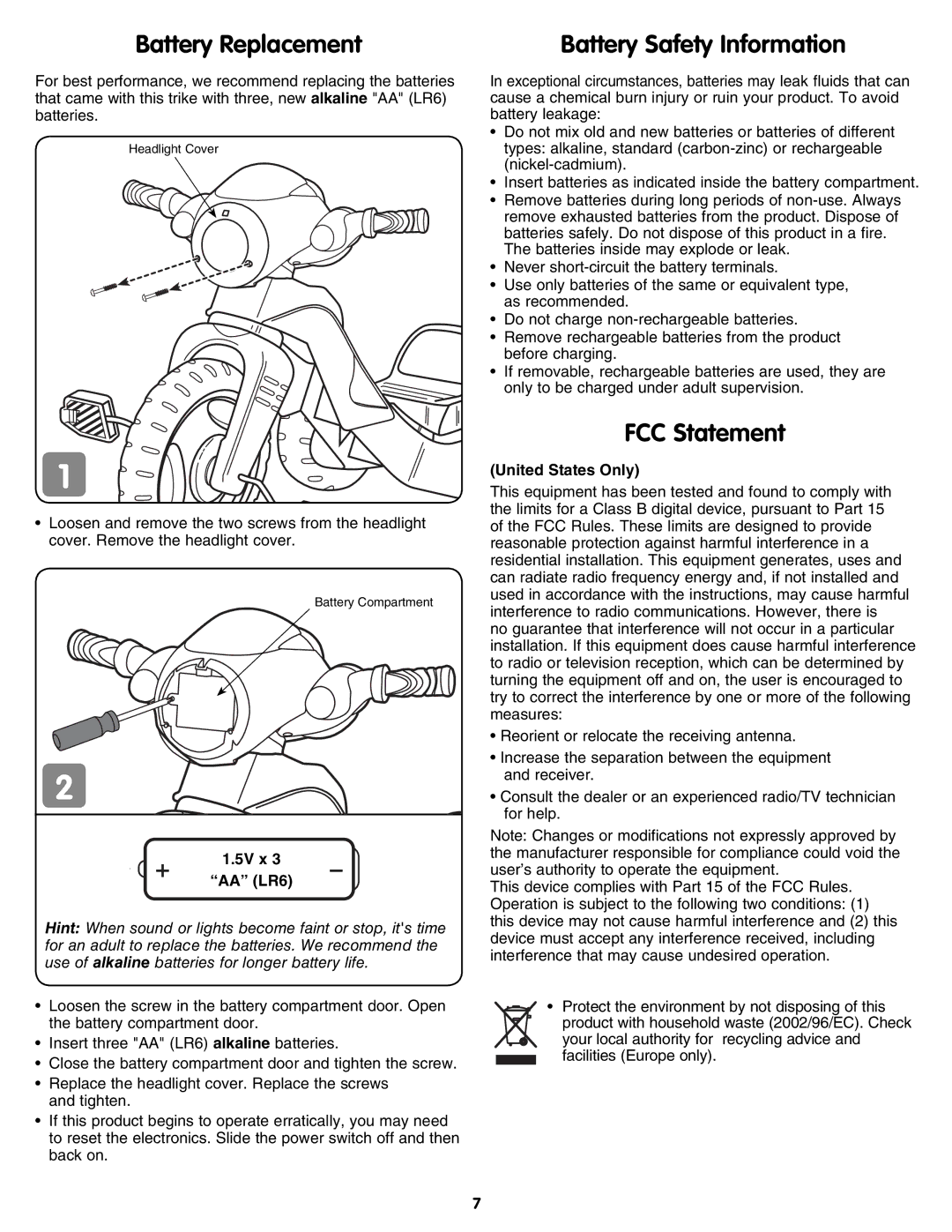 Fisher-Price N1366 Battery Replacement, Battery Safety Information, FCC Statement, 5V x AA LR6, United States Only 