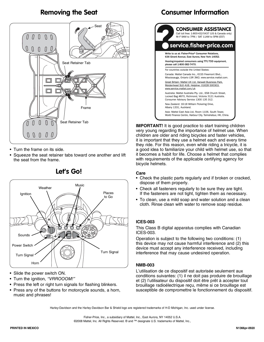 Fisher-Price N1366 instruction sheet Removing the Seat, Lets Go, Care, ICES-003, NMB-003 