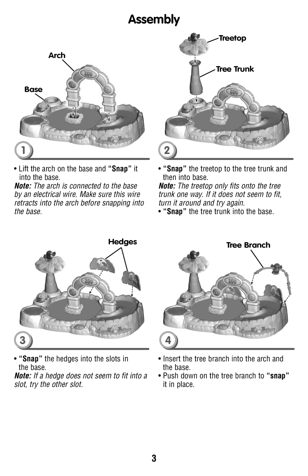 Fisher-Price N1418 instruction sheet Assembly, Arch Base, Treetop Tree Trunk, Hedges 