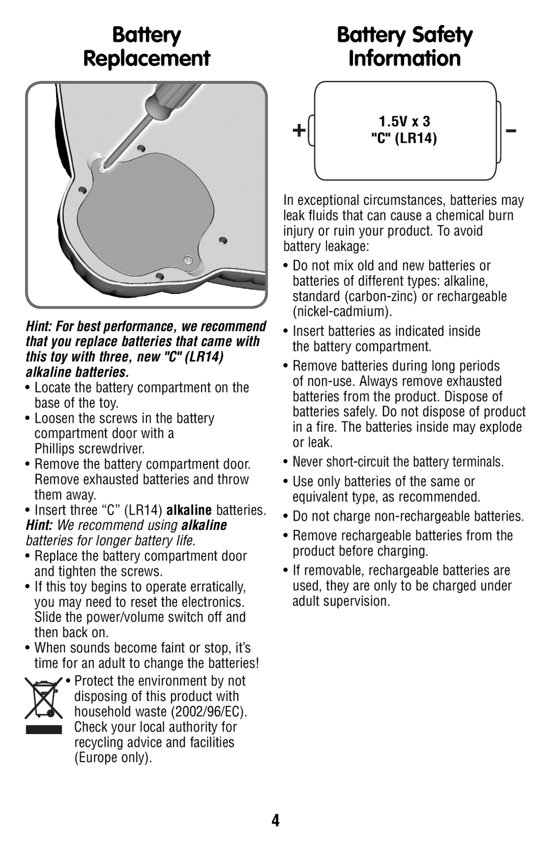 Fisher-Price N1418 instruction sheet Information, 5V x LR14 