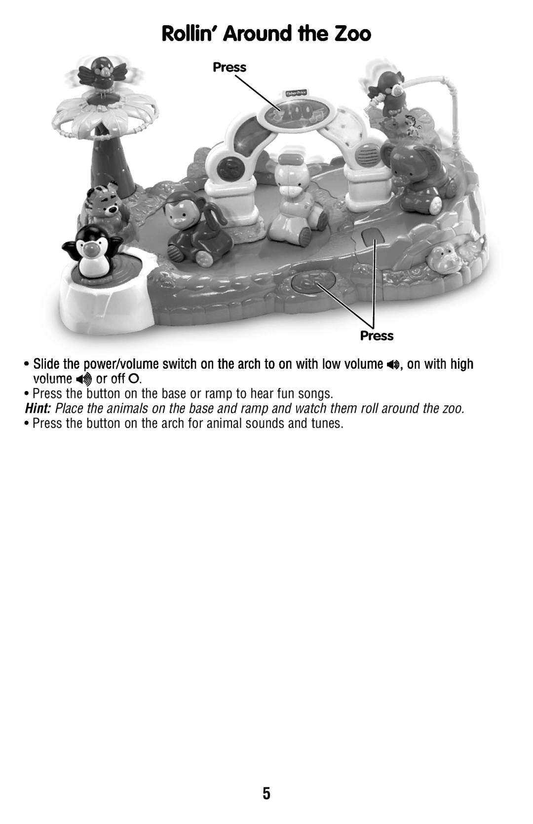 Fisher-Price N1418 instruction sheet Rollin’ Around the Zoo, Press 