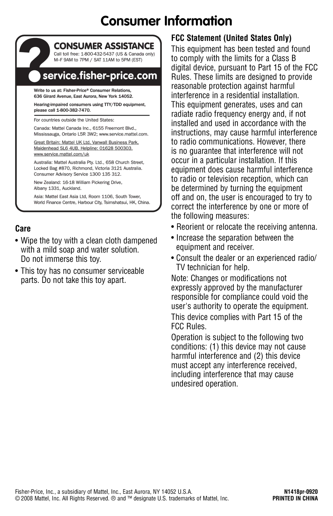 Fisher-Price N1418 instruction sheet Consumer Information, Care, FCC Statement United States Only 