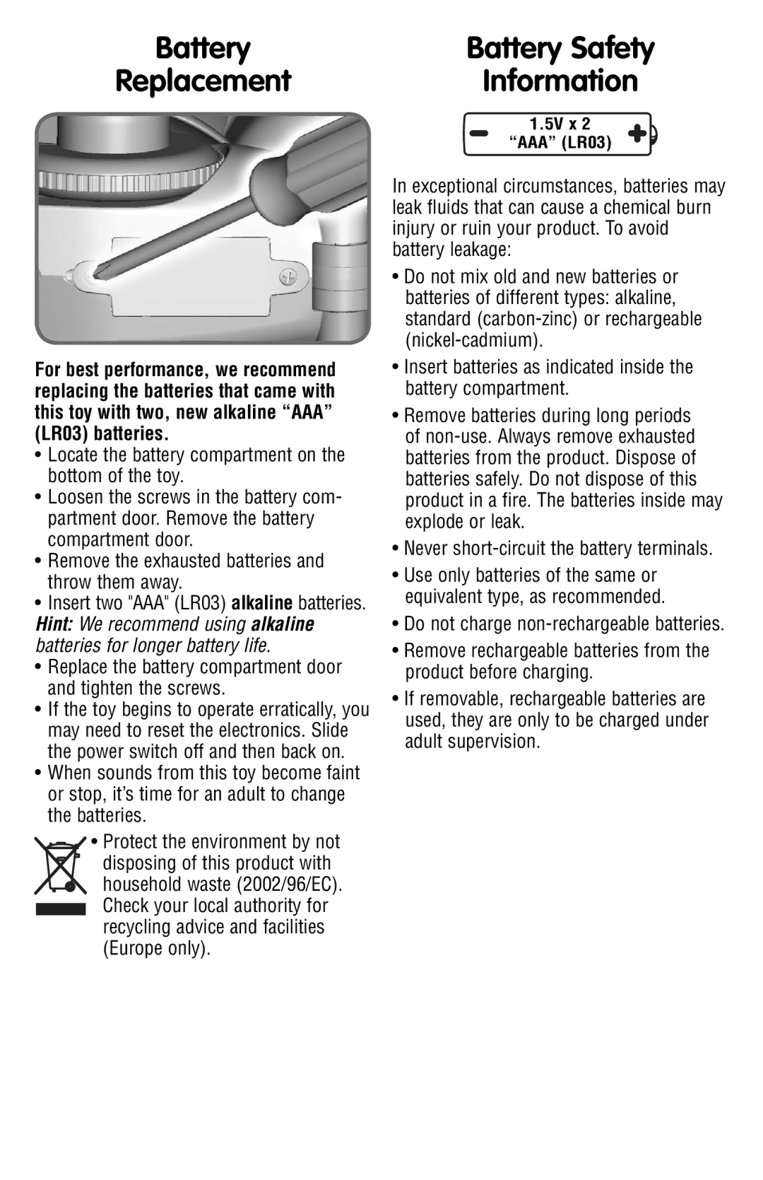 Fisher-Price N1880 instruction sheet Battery Replacement, Battery Safety Information 