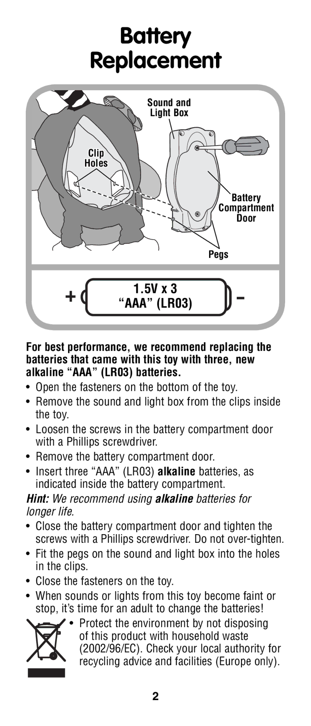 Fisher-Price N2541 instruction sheet Battery Replacement, 5V x AAA LR03 