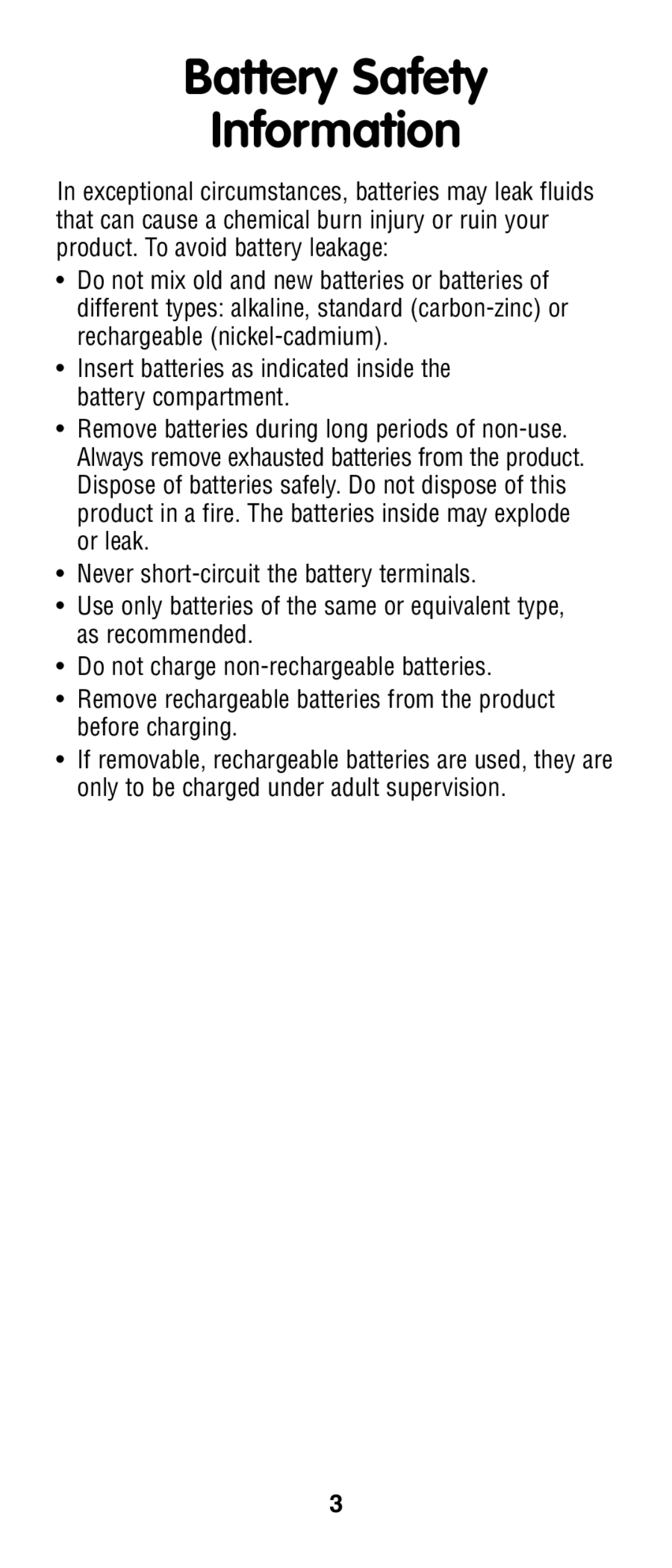 Fisher-Price N2541 instruction sheet Battery Safety Information 