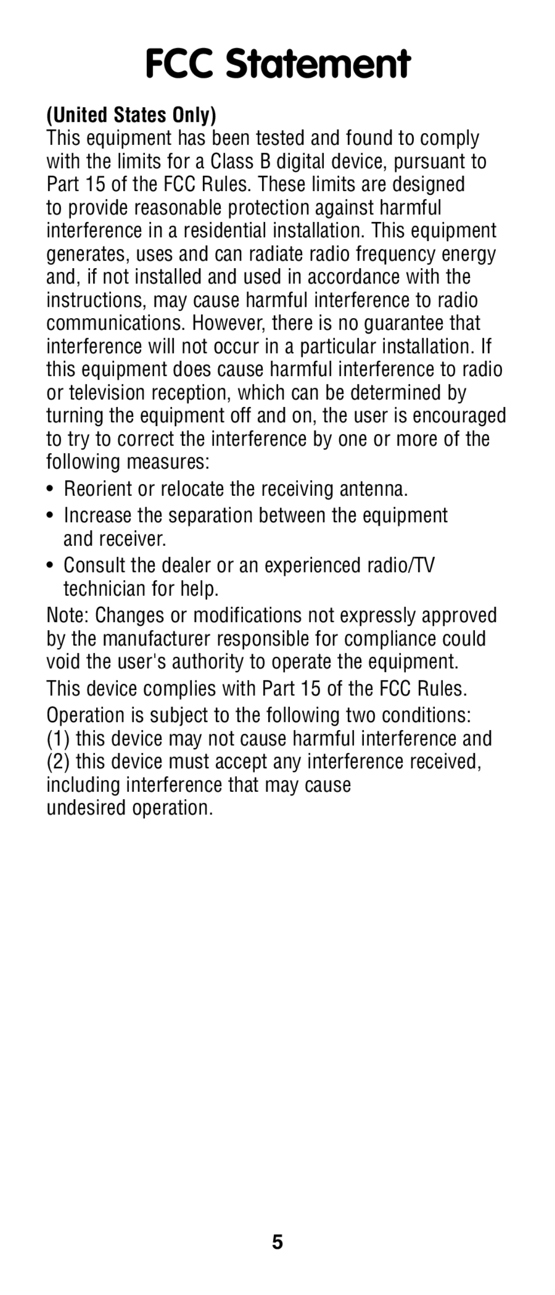 Fisher-Price N2541 instruction sheet FCC Statement, United States Only 