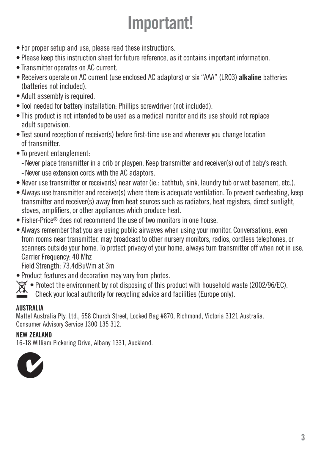 Fisher-Price N3216 manual For proper setup and use, please read these instructions 