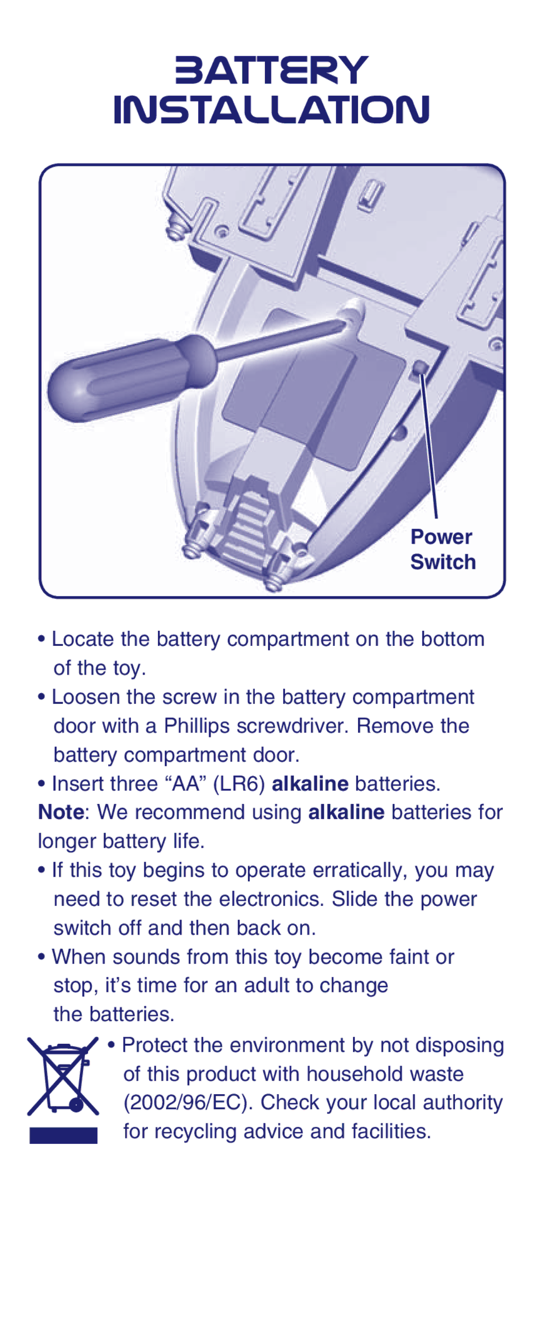 Fisher-Price N4300 instruction sheet Battery Installation, Power Switch 