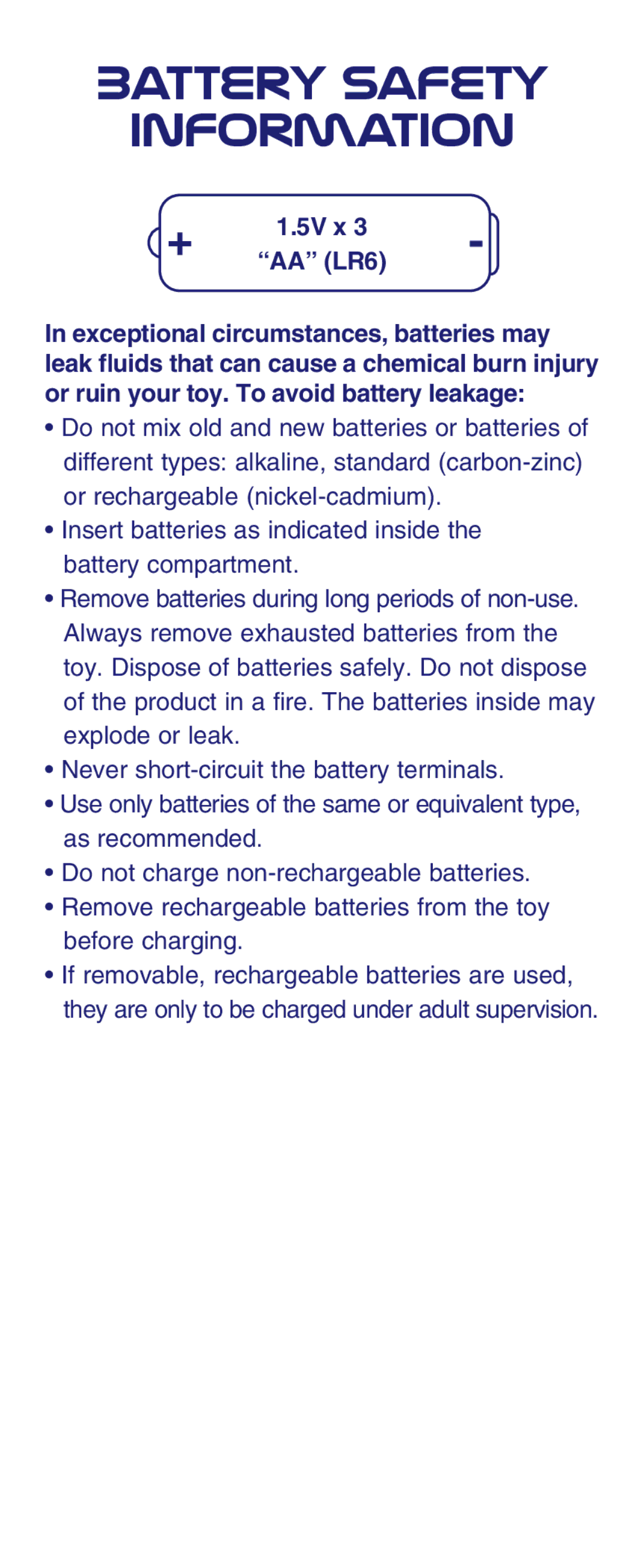 Fisher-Price N4300 instruction sheet Battery Safety Information, 5V x AA LR6 