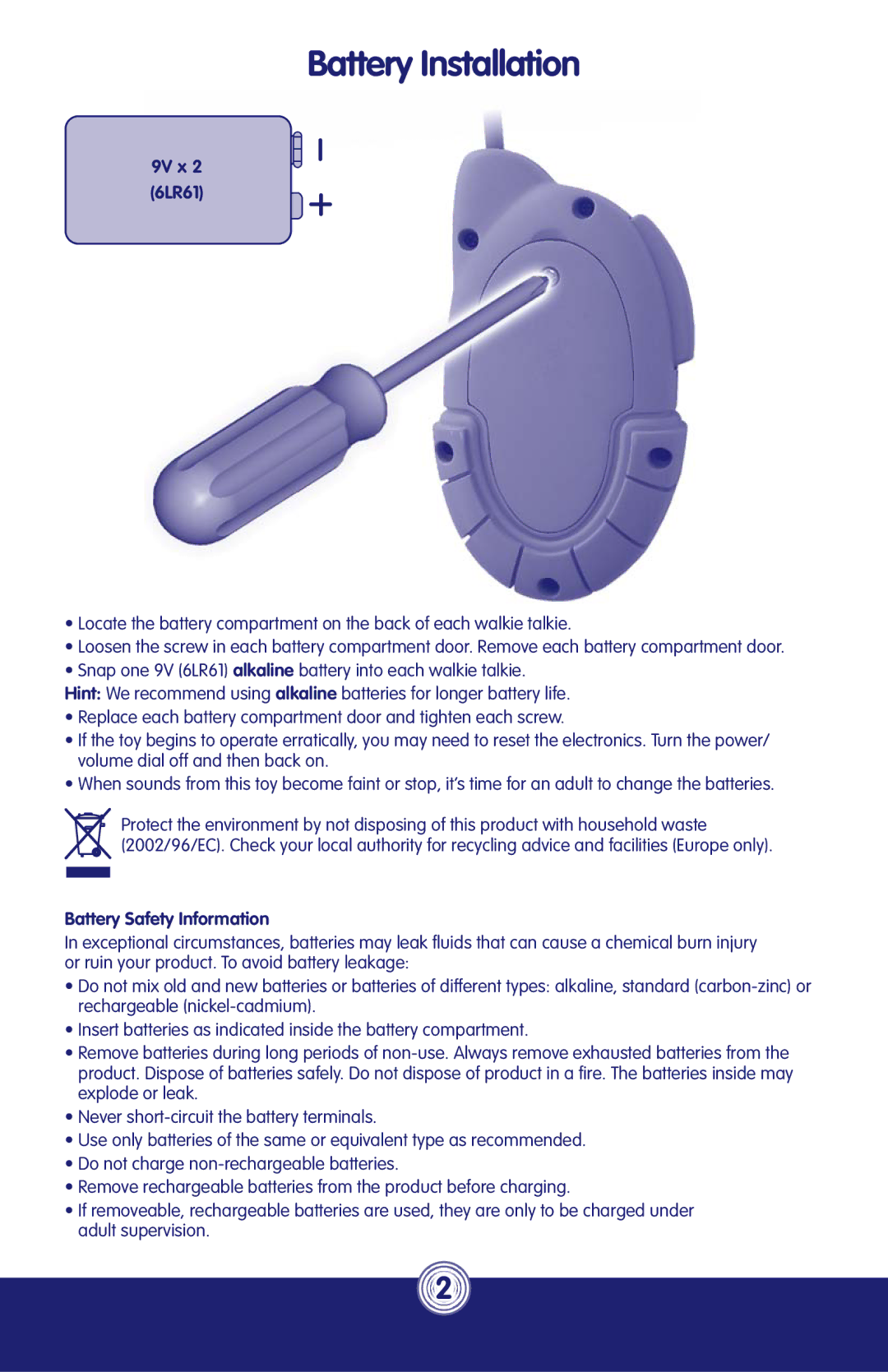 Fisher-Price N5962 instruction sheet Battery Installation, Battery Safety Information 