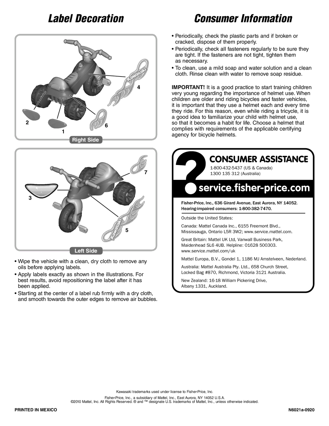 Fisher-Price N6021 instruction sheet Label Decoration Consumer Information, Right Side, Left Side 