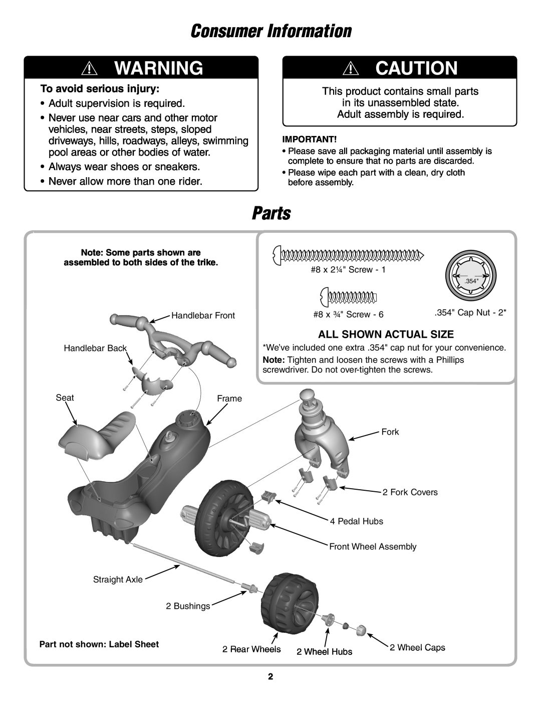 Fisher-Price N6021 instruction sheet Consumer Information, Parts, To avoid serious injury, All Shown Actual Size 