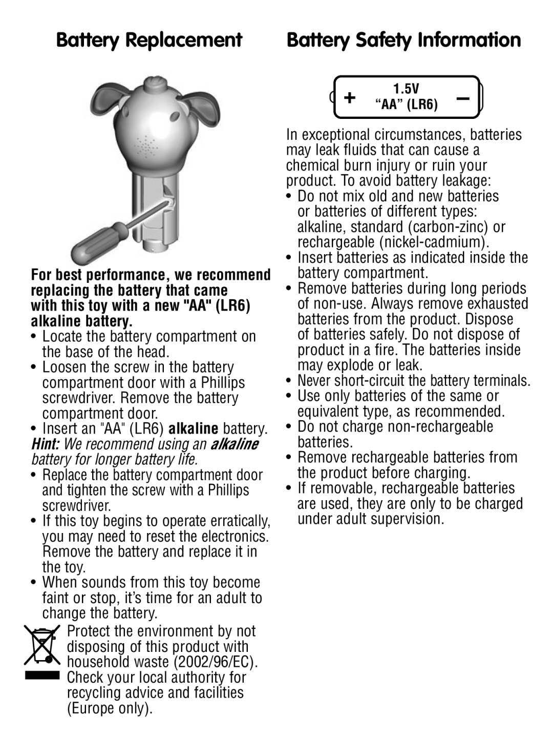 Fisher-Price N7044, N7045, N7046 instruction sheet Battery Replacement, Battery Safety Information 